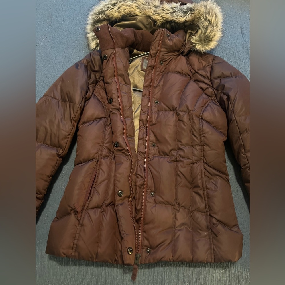 Eddie Bauer burgundy down jacket with faux fur trim hood
